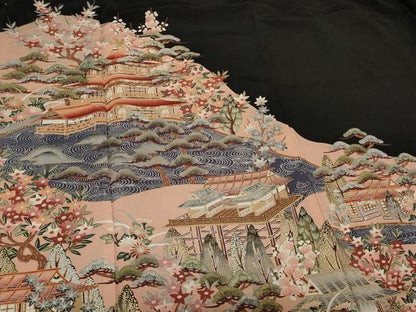 平和屋着物■豪華黒留袖 駒刺繍 風景文 正絹 逸品 CAAV4206in
