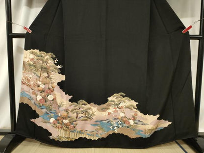 平和屋着物■豪華黒留袖 駒刺繍 流水風景文 正絹 逸品 CAAV4207in