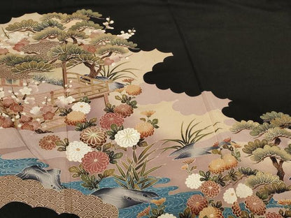 平和屋着物■豪華黒留袖 駒刺繍 流水風景文 正絹 逸品 CAAV4207in