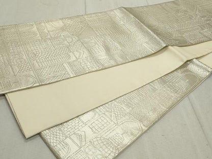 平和屋着物◎六通柄袋帯 風景文 銀糸 正絹 逸品 CAAV4304in