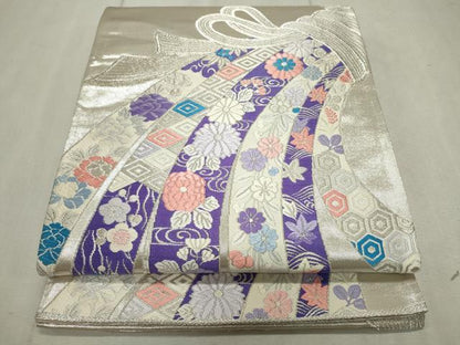 平和屋着物◎六通柄袋帯 唐織 能衣熨斗文 銀糸 正絹 逸品 CAAV4318in