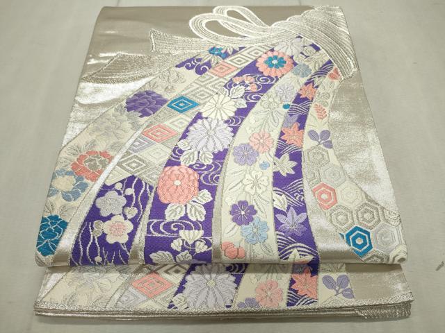 平和屋着物◎六通柄袋帯 唐織 能衣熨斗文 銀糸 正絹 逸品 CAAV4318in