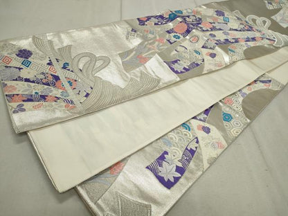 平和屋着物◎六通柄袋帯 唐織 能衣熨斗文 銀糸 正絹 逸品 CAAV4318in