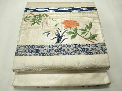 平和屋着物◎太鼓柄袋帯 刺繍 横段枝花文 金銀糸 正絹 逸品 CAAV4367in