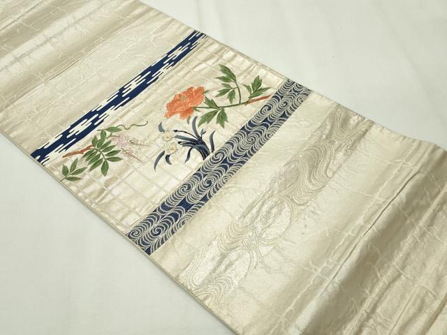 平和屋着物◎太鼓柄袋帯 刺繍 横段枝花文 金銀糸 正絹 逸品 CAAV4367in
