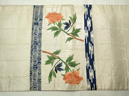 平和屋着物◎太鼓柄袋帯 刺繍 横段枝花文 金銀糸 正絹 逸品 CAAV4367in