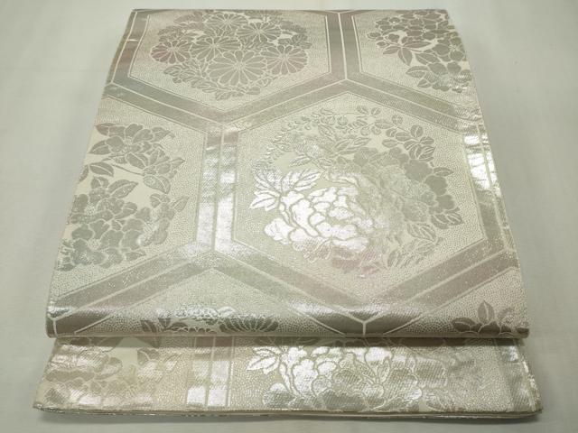 平和屋着物◎六通柄袋帯 亀甲錦花丸紋 銀糸 正絹 逸品 CAAV4370in