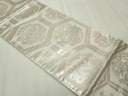平和屋着物◎六通柄袋帯 亀甲錦花丸紋 銀糸 正絹 逸品 CAAV4370in
