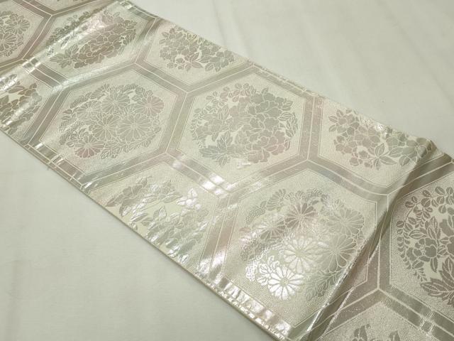 平和屋着物◎六通柄袋帯 亀甲錦花丸紋 銀糸 正絹 逸品 CAAV4370in