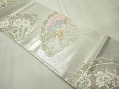 平和屋着物◎六通柄袋帯 唐織 扇面孔雀花文 金銀糸 正絹 逸品 CAAV4371in
