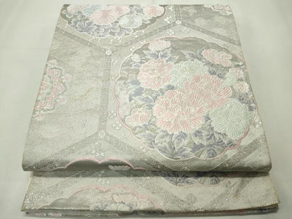 平和屋着物◎六通柄袋帯　唐織　亀甲草花文　銀糸　正絹　逸品　CAAV4388in