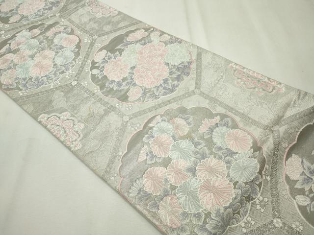 平和屋着物◎六通柄袋帯　唐織　亀甲草花文　銀糸　正絹　逸品　CAAV4388in