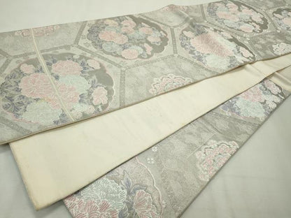 平和屋着物◎六通柄袋帯　唐織　亀甲草花文　銀糸　正絹　逸品　CAAV4388in