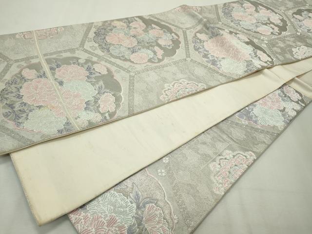 平和屋着物◎六通柄袋帯　唐織　亀甲草花文　銀糸　正絹　逸品　CAAV4388in