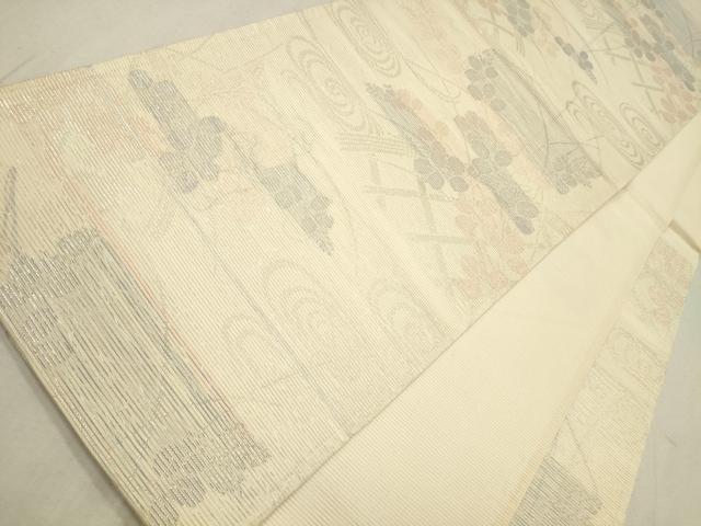 平和屋着物＊夏物　六通柄袋帯　流水草花文　銀糸　正絹　逸品　CAAV4812eg