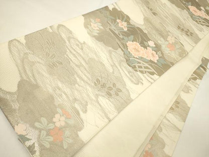 平和屋着物＊夏物 六通柄袋帯 雲重ね流水草花文 金糸 正絹 逸品 CAAV5077eg