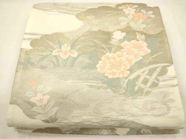 平和屋着物＊夏物 六通柄袋帯 雲重ね流水草花文 金糸 正絹 逸品 CAAV5077eg