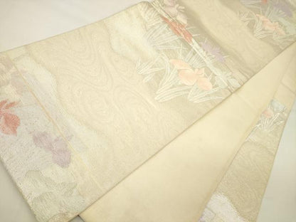 平和屋着物＊夏物　六通柄袋帯　流水草花文　銀糸　正絹　逸品　CAAV5082eg