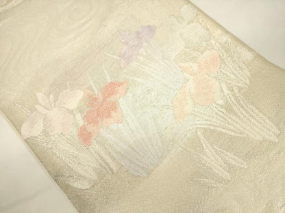 平和屋着物＊夏物　六通柄袋帯　流水草花文　銀糸　正絹　逸品　CAAV5082eg