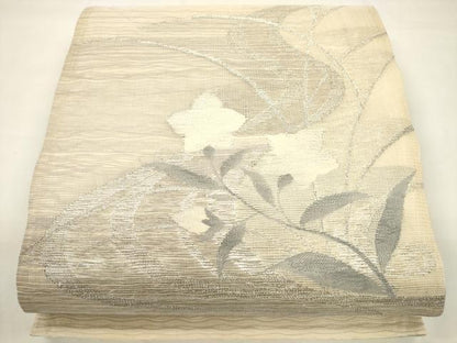 平和屋着物＊夏物　太鼓柄袋帯　横段流水草花文　銀糸　正絹　逸品　CAAV5088eg