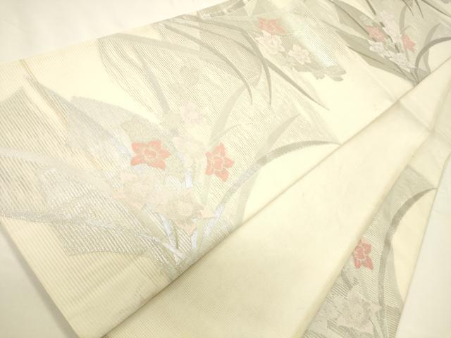 平和屋着物＊夏物 六通柄袋帯 地紙重ね草花文 銀糸 正絹 逸品 CAAV5131eg