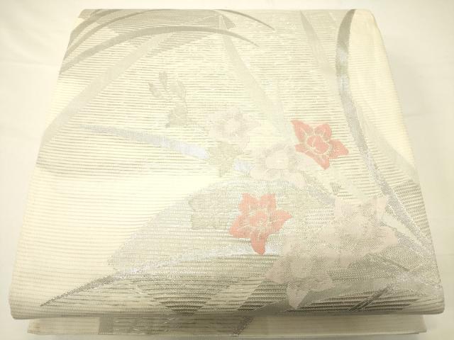 平和屋着物＊夏物 六通柄袋帯 地紙重ね草花文 銀糸 正絹 逸品 CAAV5131eg