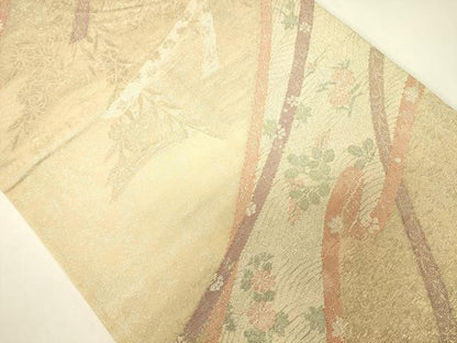 平和屋着物＊夏物　六通柄袋帯　流水草花文　金糸　正絹　逸品　CAAV5146eg
