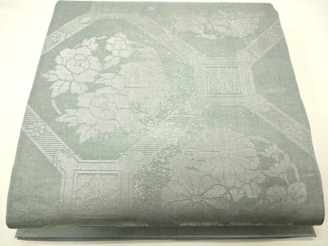 平和屋着物＊夏物　六通柄袋帯　格天井花丸文　銀糸　正絹　逸品　CAAV5184eg