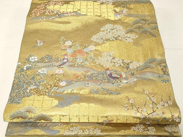 平和屋着物●西陣　長嶋成織物　六通柄袋帯　花鳥の楽園図　瀞金箔　本金箔　証紙付き　正絹　逸品　CAAV5414yk