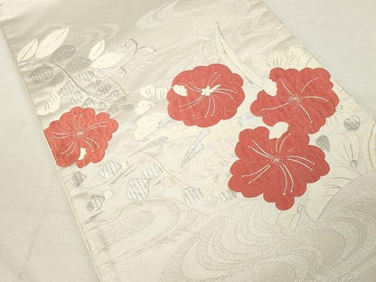 平和屋着物●太鼓柄袋帯　総刺繍　流水花文　銀糸　正絹　逸品　CAAV5455yk