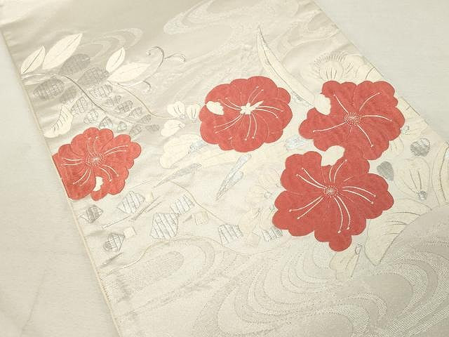 平和屋着物●太鼓柄袋帯　総刺繍　流水花文　銀糸　正絹　逸品　CAAV5455yk