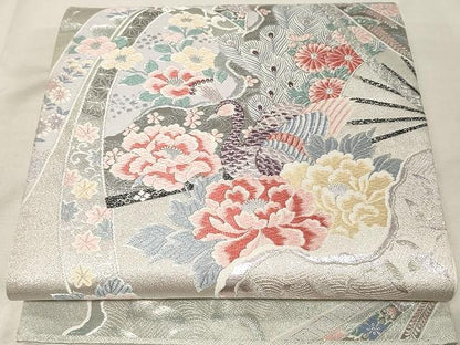 平和屋着物▼六通柄袋帯　唐織　孔雀花文　銀糸　正絹　逸品　CAAV5491yk