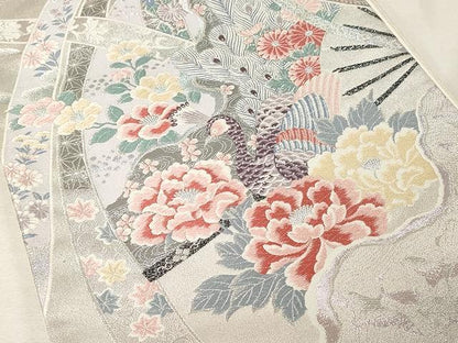 平和屋着物▼六通柄袋帯　唐織　孔雀花文　銀糸　正絹　逸品　CAAV5491yk