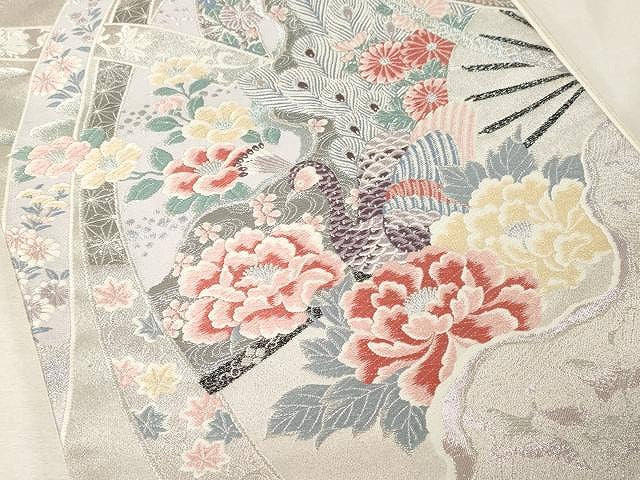 平和屋着物▼六通柄袋帯　唐織　孔雀花文　銀糸　正絹　逸品　CAAV5491yk