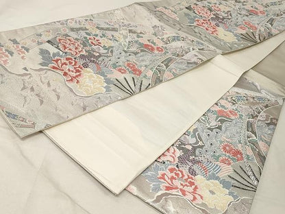 平和屋着物▼六通柄袋帯　唐織　孔雀花文　銀糸　正絹　逸品　CAAV5491yk