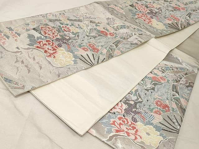 平和屋着物▼六通柄袋帯　唐織　孔雀花文　銀糸　正絹　逸品　CAAV5491yk