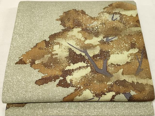 平和屋着物●太鼓柄袋帯　紬地　ろうけつ染め　枝木文　銀通し地　正絹　逸品　CAAV5513yk