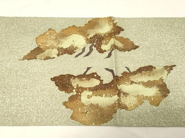 平和屋着物●太鼓柄袋帯　紬地　ろうけつ染め　枝木文　銀通し地　正絹　逸品　CAAV5513yk