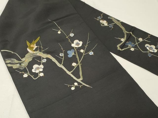 平和屋着物●アンティーク　大正ロマン　九寸名古屋帯　総刺繍　枝梅鳥文　黒地　金糸　正絹　逸品　CAAV5549yk