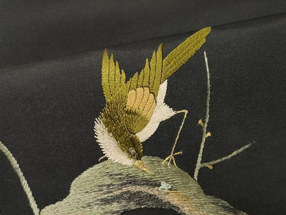 平和屋着物●アンティーク　大正ロマン　九寸名古屋帯　総刺繍　枝梅鳥文　黒地　金糸　正絹　逸品　CAAV5549yk
