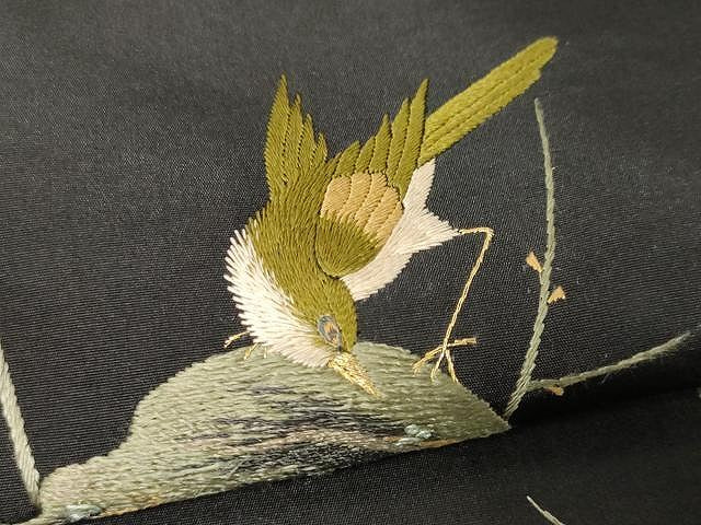 平和屋着物●アンティーク　大正ロマン　九寸名古屋帯　総刺繍　枝梅鳥文　黒地　金糸　正絹　逸品　CAAV5549yk