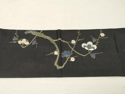 平和屋着物●アンティーク　大正ロマン　九寸名古屋帯　総刺繍　枝梅鳥文　黒地　金糸　正絹　逸品　CAAV5549yk