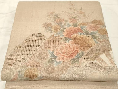平和屋着物●中国三大刺繍　スワトウ刺繍　相良刺繍　総刺繍　太鼓柄袋帯　紬地　吉祥花文　正絹　逸品　未使用　CAAV5565yk