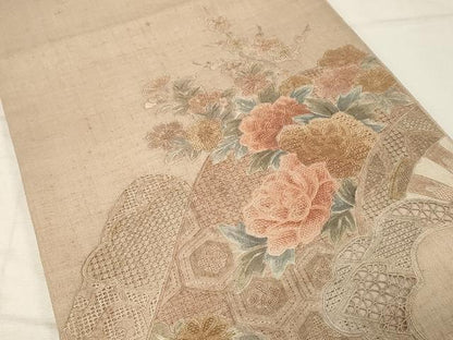平和屋着物●中国三大刺繍　スワトウ刺繍　相良刺繍　総刺繍　太鼓柄袋帯　紬地　吉祥花文　正絹　逸品　未使用　CAAV5565yk