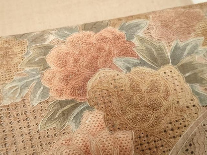 平和屋着物●中国三大刺繍　スワトウ刺繍　相良刺繍　総刺繍　太鼓柄袋帯　紬地　吉祥花文　正絹　逸品　未使用　CAAV5565yk