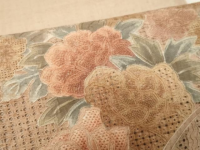 平和屋着物●中国三大刺繍　スワトウ刺繍　相良刺繍　総刺繍　太鼓柄袋帯　紬地　吉祥花文　正絹　逸品　未使用　CAAV5565yk