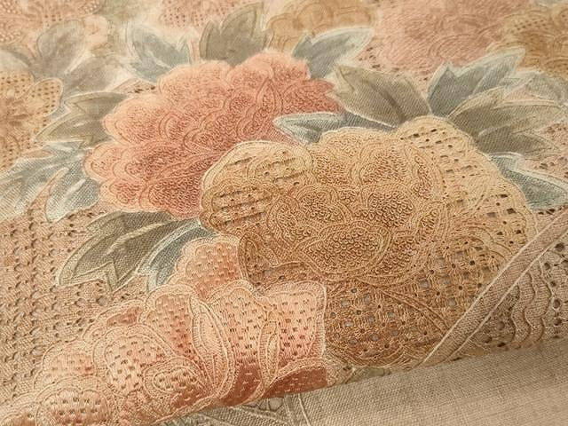 平和屋着物●中国三大刺繍　スワトウ刺繍　相良刺繍　総刺繍　太鼓柄袋帯　紬地　吉祥花文　正絹　逸品　未使用　CAAV5565yk