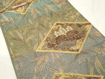 平和屋着物▼六通柄袋帯　ふくれ織　花菱文　金糸　正絹　逸品　CAAV5570yk