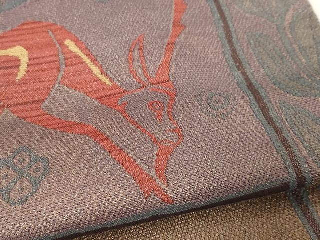 平和屋着物●九寸名古屋帯　鹿　横段文　金糸　正絹　逸品　CAAV5574yk