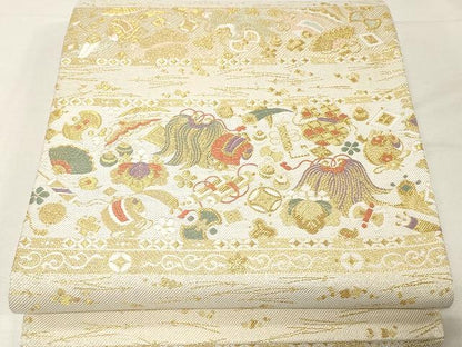 平和屋着物●六通柄袋帯 唐織 宝尽くし吉祥花文 金糸 正絹 逸品 未使用 CAAV5597yk